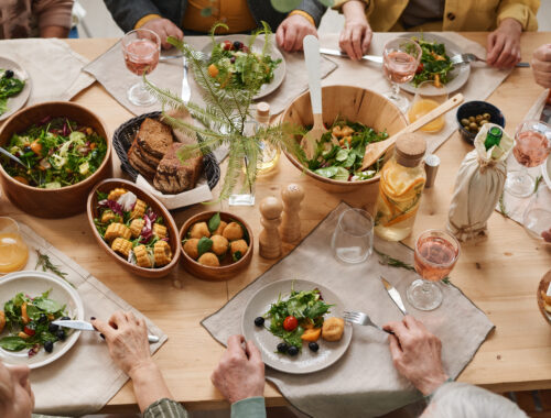 High angle view of dining table with different dishes serving for holiday dinner